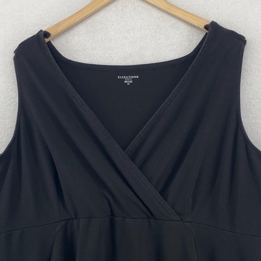 EILEEN FISHER Dress 2X Plus Stretch Organic Cotton Faux Wrap Midi Black USA - Picture 3 of 12